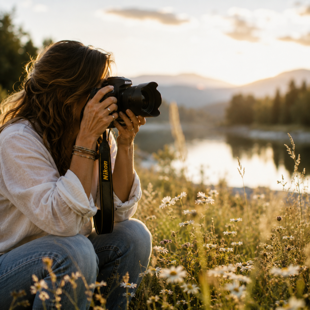 frau am see fotografiert