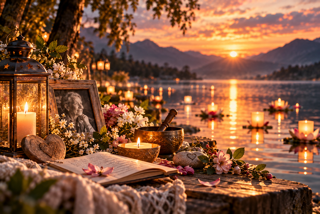 Abschiedsritual für Verstorbene mit Kerzen, Blumen, Foto und Lichtern auf dem Wasser